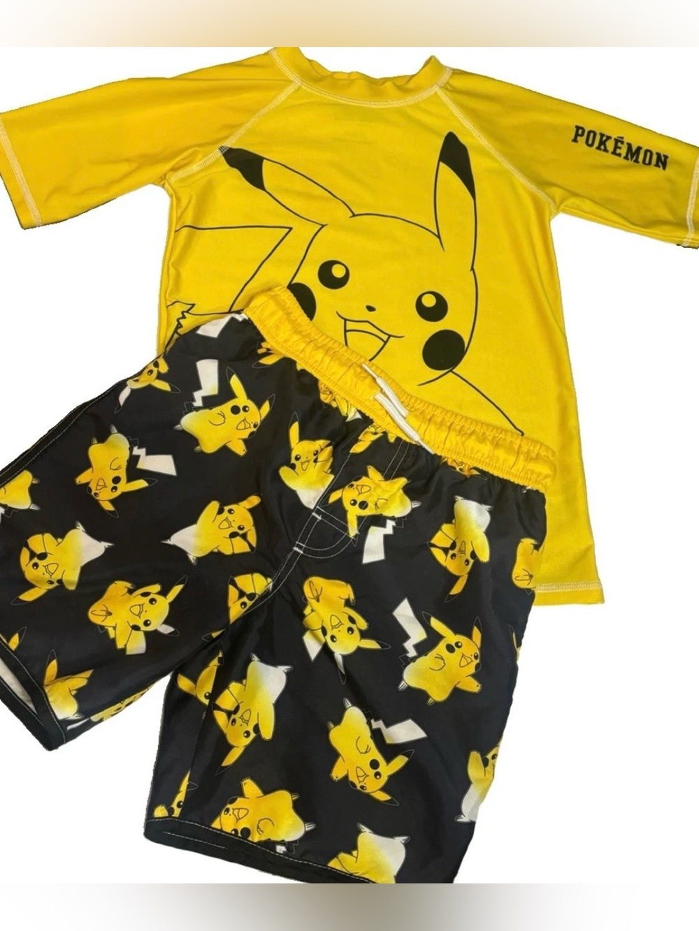 Pokémon Pikachu Boys Swim Set Size M Shirt & Swim Trunks Black Yellow Cartoon